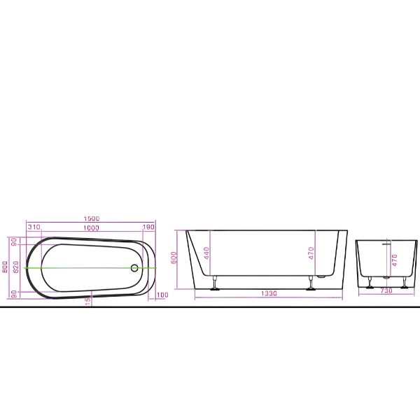 Arris Infinity Merlin D8366-150 /  D8366-170 White One-Piece Freestanding Bathtub 1500 × 800 × 600mm