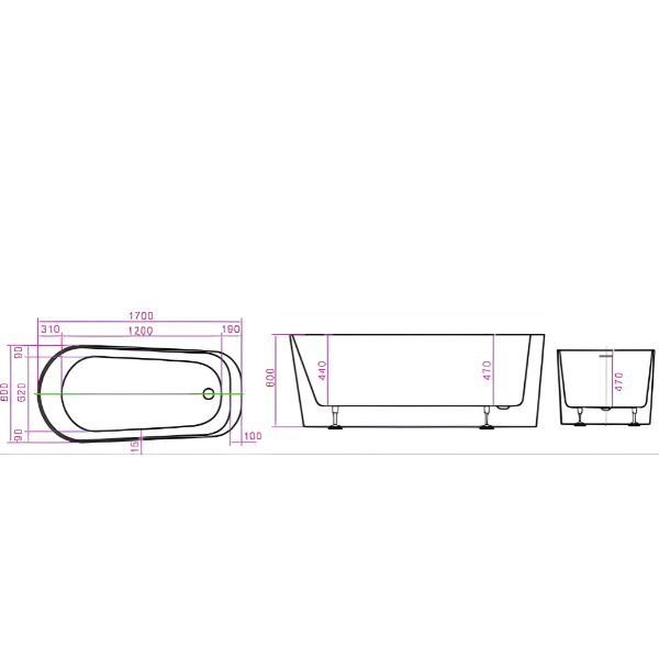 Arris Infinity Merlin D8366-150 /  D8366-170 White One-Piece Freestanding Bathtub 1500 × 800 × 600mm
