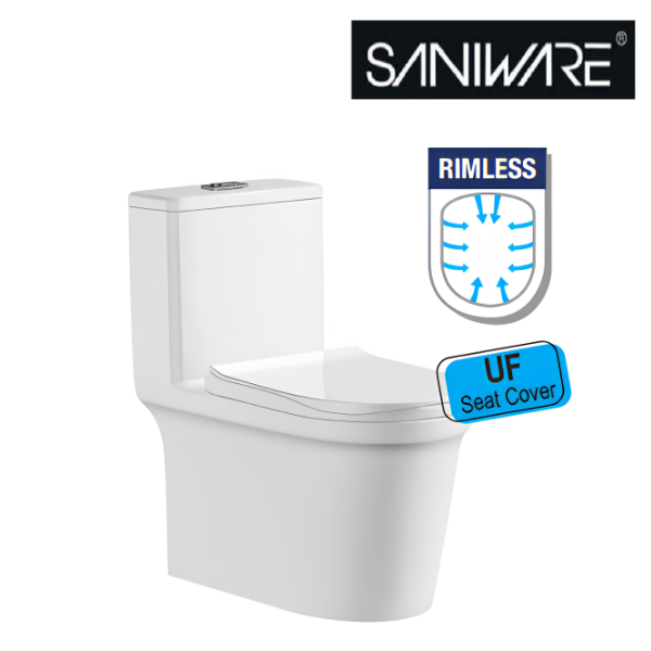 Saniware WC-2090 710mm Rimless One-Piece Washdown Toilet Bowl Sinki Tandas Bilik Mandi with UF Seat Cover S-Trap 200mm / 250mm Roughing-In