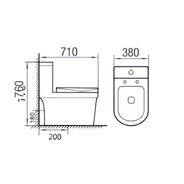Saniware WC-2090 710mm Rimless One-Piece Washdown Toilet Bowl Sinki Tandas Bilik Mandi with UF Seat Cover S-Trap 200mm / 250mm Roughing-In
