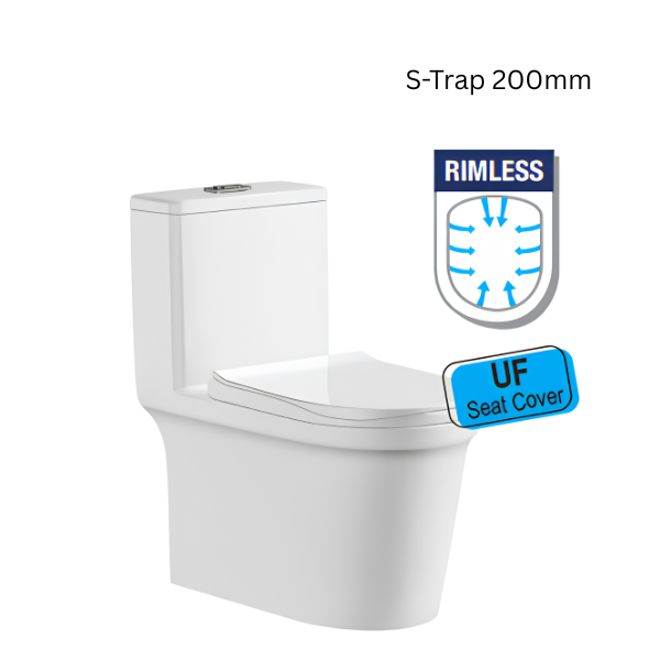 Saniware WC-2090 710mm Rimless One-Piece Washdown Toilet Bowl Sinki Tandas Bilik Mandi with UF Seat Cover S-Trap 200mm / 250mm Roughing-In