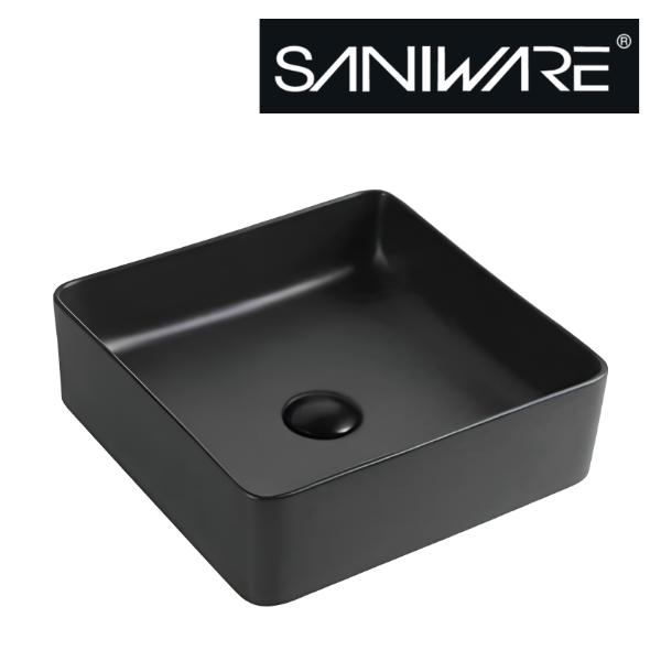 Saniware WB-488 MB 370mm Ceramic Matt Black Square Above Counter Art Basin Sinki Tandas Bilik Mandi For Compact Vanity, Powder Room & Renovation Projects