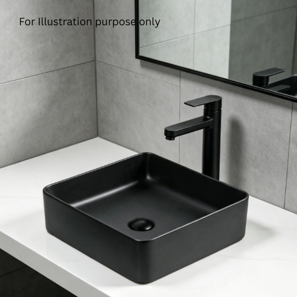 Saniware WB-488 MB 370mm Ceramic Matt Black Square Above Counter Art Basin Sinki Tandas Bilik Mandi For Compact Vanity, Powder Room & Renovation Projects