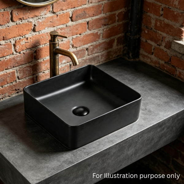 Saniware WB-488 MB 370mm Ceramic Matt Black Square Above Counter Art Basin Sinki Tandas Bilik Mandi For Compact Vanity, Powder Room & Renovation Projects