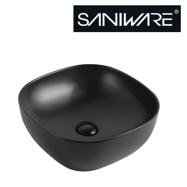 Saniware WB-496 MB 415mm Ceramic Matt Black Round-Square Above Counter Art Basin Sinki Tandas Bilik Mandi For Modern Vanity, Powder Room & Renovation Projects