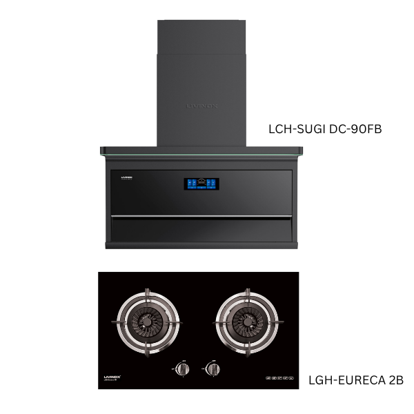LIVINOX LCH-SUGI DC-90FB Black Cooker Hood – 2800 m³/h Powerful Suction, BLDC LGH Series Gas Hob Combo