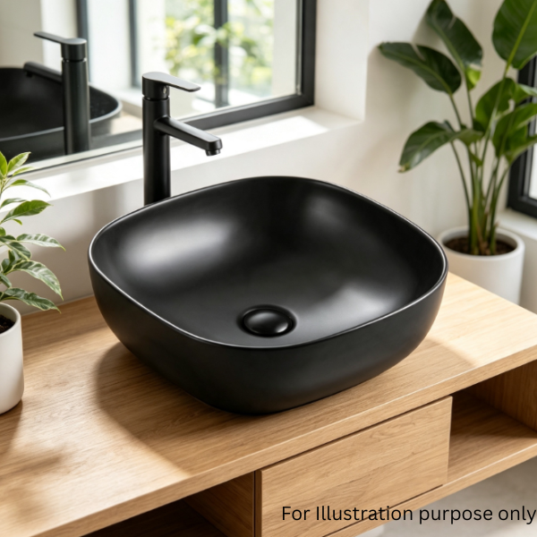 Saniware WB-496 MB 415mm Ceramic Matt Black Round-Square Above Counter Art Basin Sinki Tandas Bilik Mandi For Modern Vanity, Powder Room & Renovation Projects