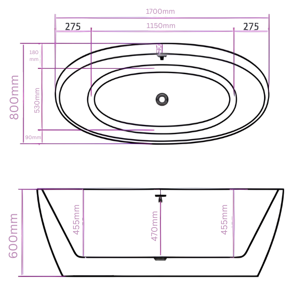 Arris Infinity Louis ars-D8358 White One-Piece Freestanding Bathtub 1700 X 800 X 600MM Gold Fittings