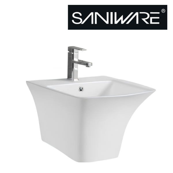 Saniware WB-209 530mm Ceramic White Wall-Hung Semi Pedestal Basin Sinki Tandas Bilik Mandi For Spacious Bathroom, Ensuite & Renovation Projects