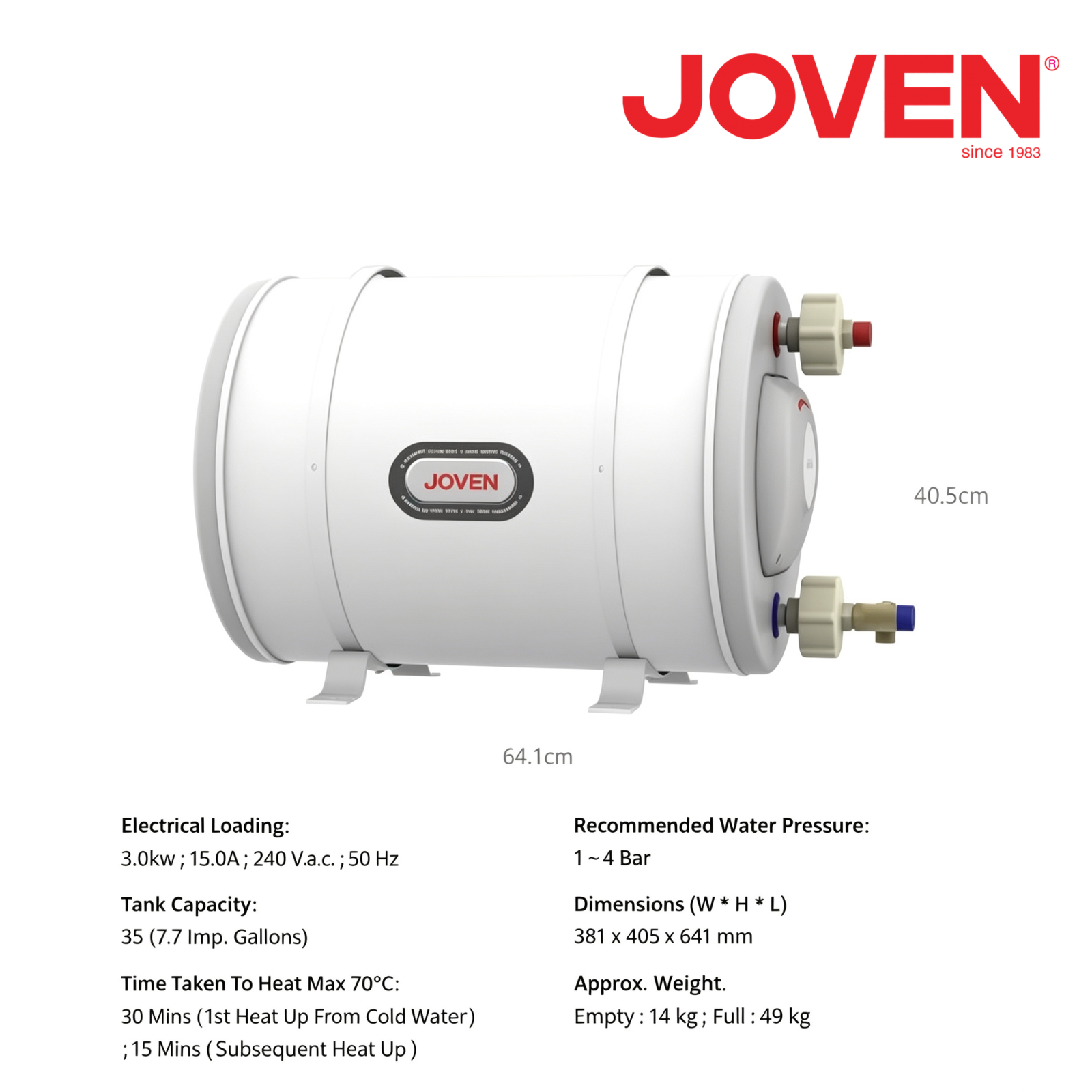 Joven JSH35 Horizontal Storage Water Heater 35 Litres (7.7 Imp. Gals) 3.0KW Stainless Steel Tank