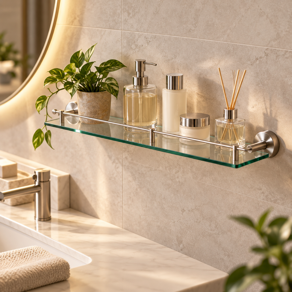 Onimi 2312 500mm Wall Mounted Clear Glass & Brushed Stainless Steel Finish Glass Shelf