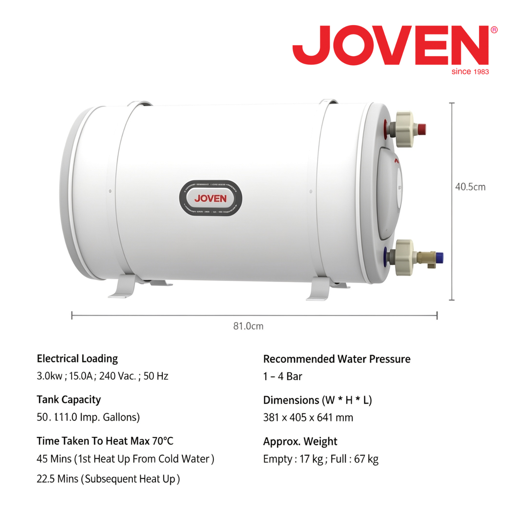 Joven JSH50 Horizontal Storage Water Heater 50 Litres (11.0 Imp. Gals) 3.0KW Stainless Steel Tank