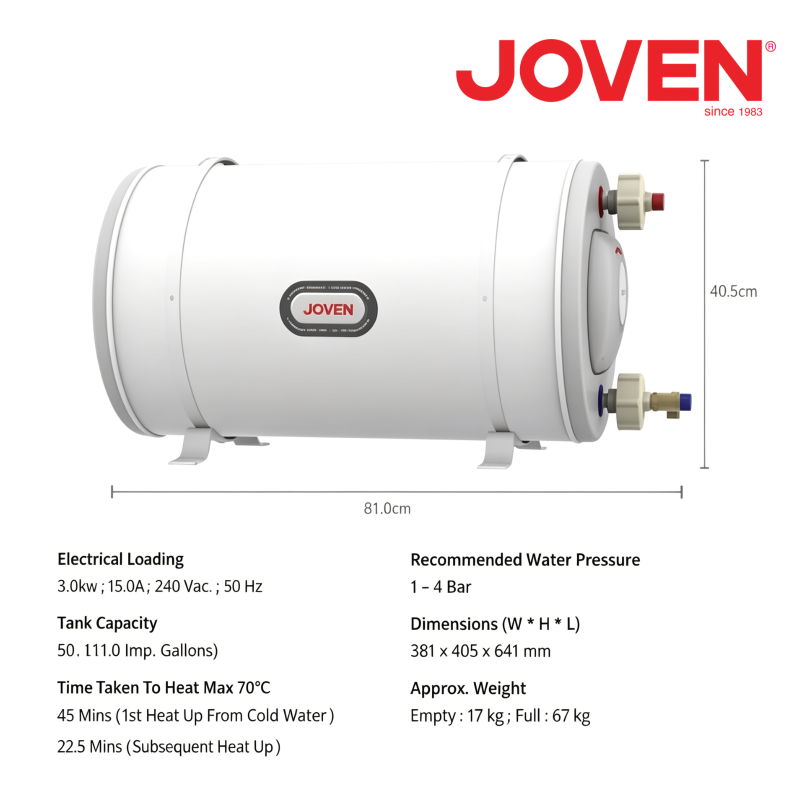 Joven JSH50 Horizontal Storage Water Heater 50 Litres (11.0 Imp. Gals) 3.0KW Stainless Steel Tank