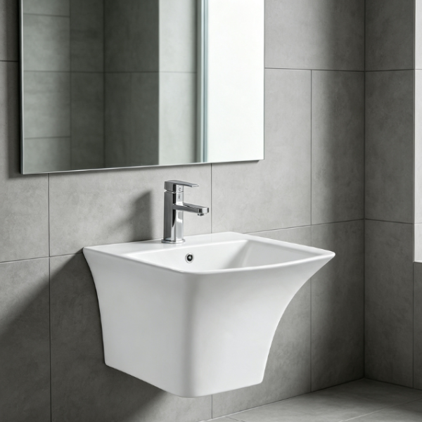 Saniware WB-209 530mm Ceramic White Wall-Hung Semi Pedestal Basin Sinki Tandas Bilik Mandi For Spacious Bathroom, Ensuite & Renovation Projects
