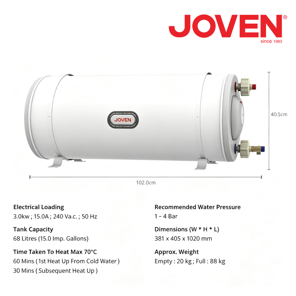 Joven JSH68 Horizontal Storage Water Heater 68 Litres (15.0 Imp. Gals) 3.0KW Stainless Steel Tank
