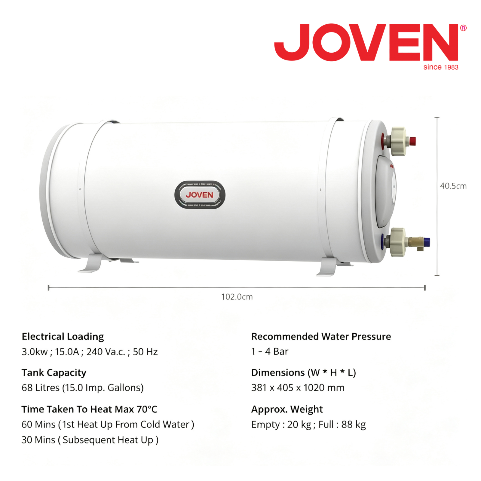 Joven JSH68 Horizontal Storage Water Heater 68 Litres (15.0 Imp. Gals) 3.0KW Stainless Steel Tank