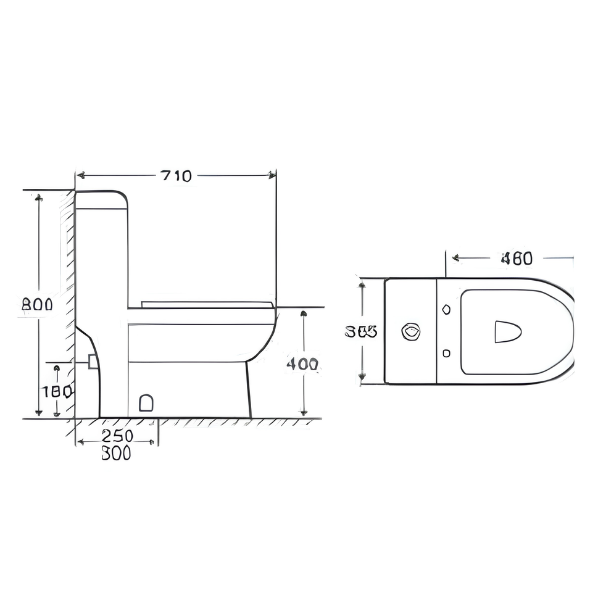 Saniware WC-2095A 710mm One-Piece Washdown Toilet Bowl Sinki Tandas Bilik Mandi S-Trap 250mm / P-Trap 180mm Roughing-In