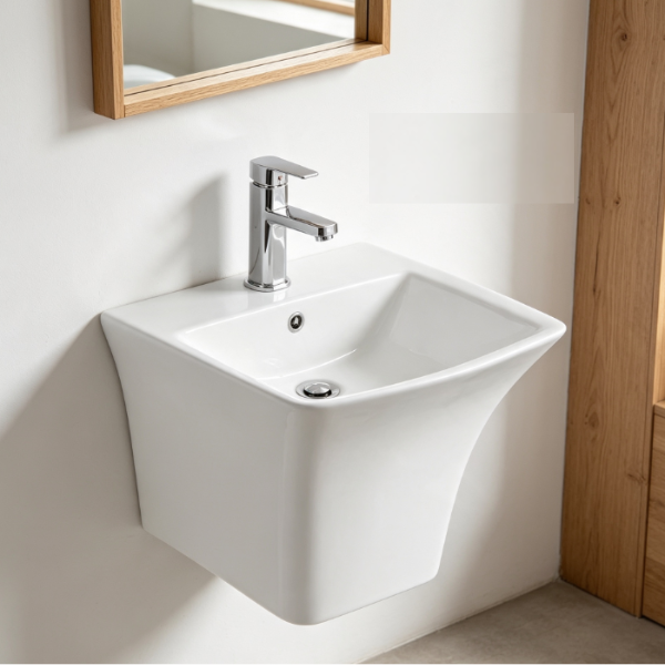 Saniware WB-209 530mm Ceramic White Wall-Hung Semi Pedestal Basin Sinki Tandas Bilik Mandi For Spacious Bathroom, Ensuite & Renovation Projects