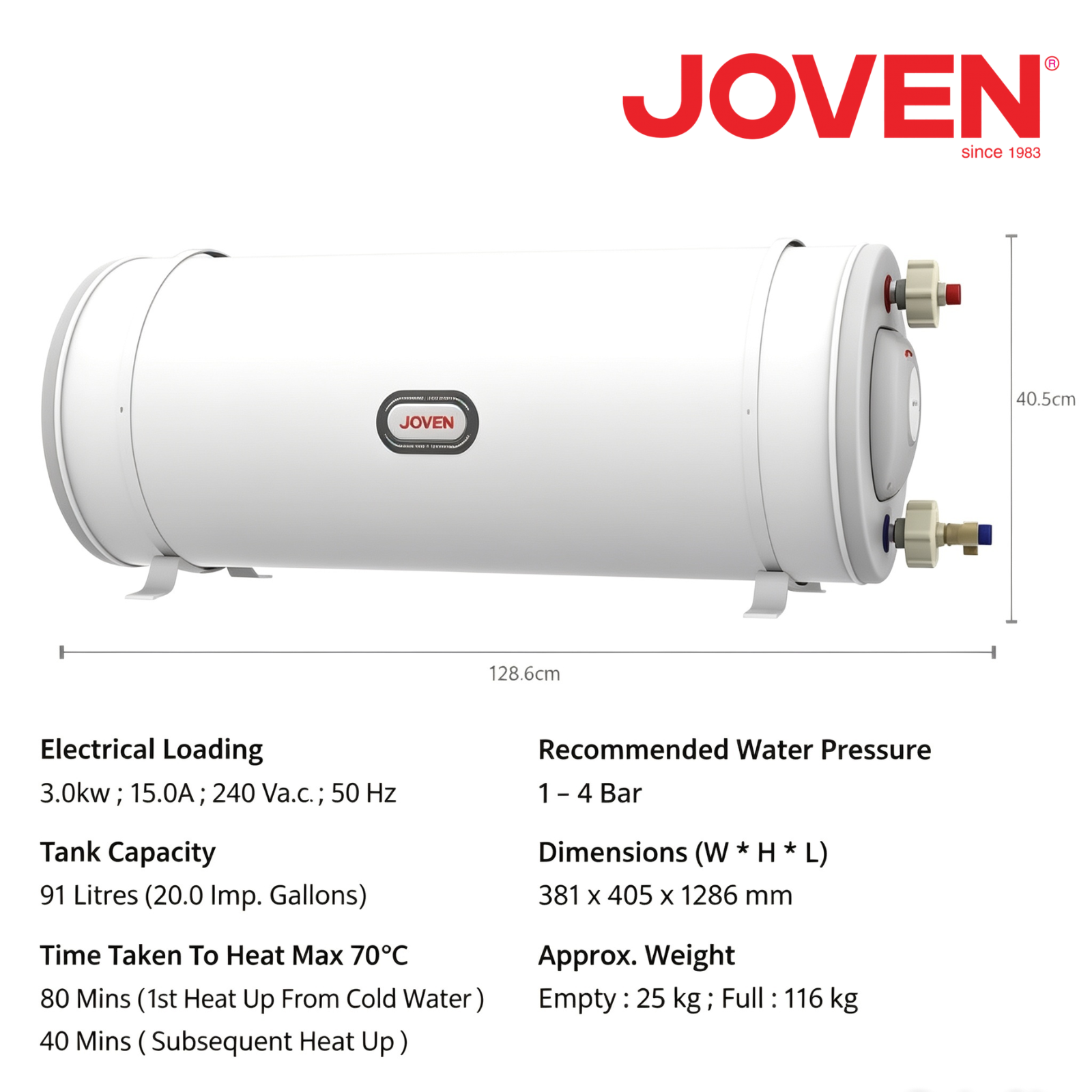 Joven JSH91 Horizontal Storage Water Heater 91 Litres (20.0 Imp. Gals) 3.0KW Stainless Steel Tank