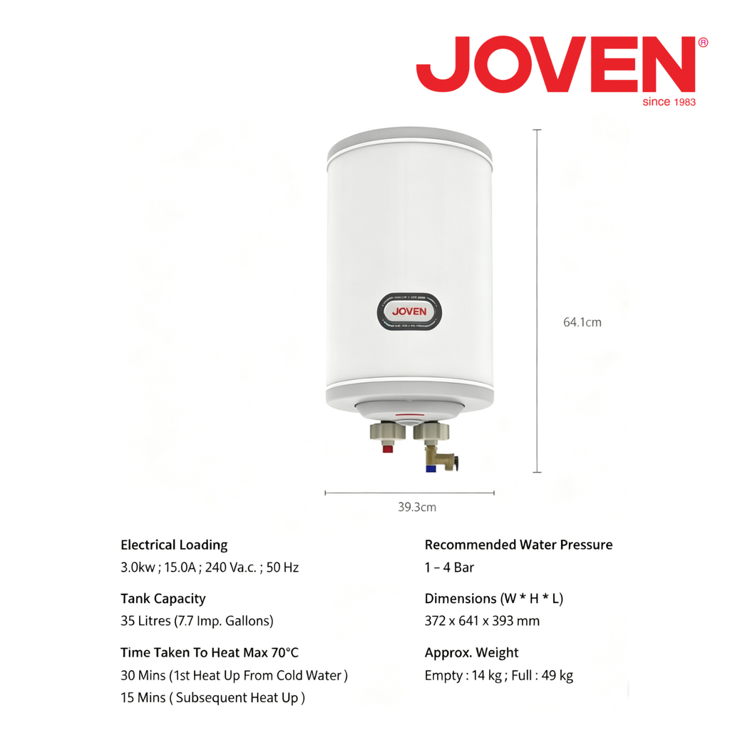 Joven JSV50 Vertical Storage Water Heater 50 Litres (11.0 Imp. Gals) 3.0kW Durable Stainless Steel Tank