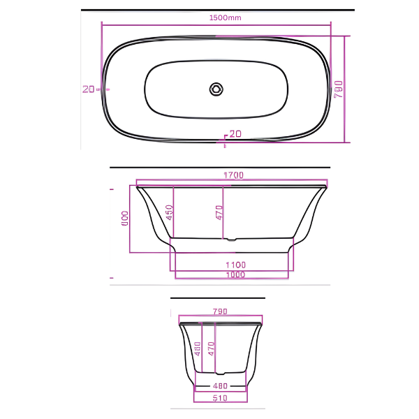 Arris Infinity ars - D8302 Tucano 1500mm / 1700mm White One-Piece Freestanding Bathtub For Spacious Bathrooms