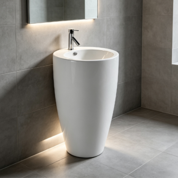Saniware BP-231 490mm Ceramic White Freestanding Pedestal Basin Sinki Tandas Bilik Mandi For Compact Bathroom, Ensuite & Small Spaces