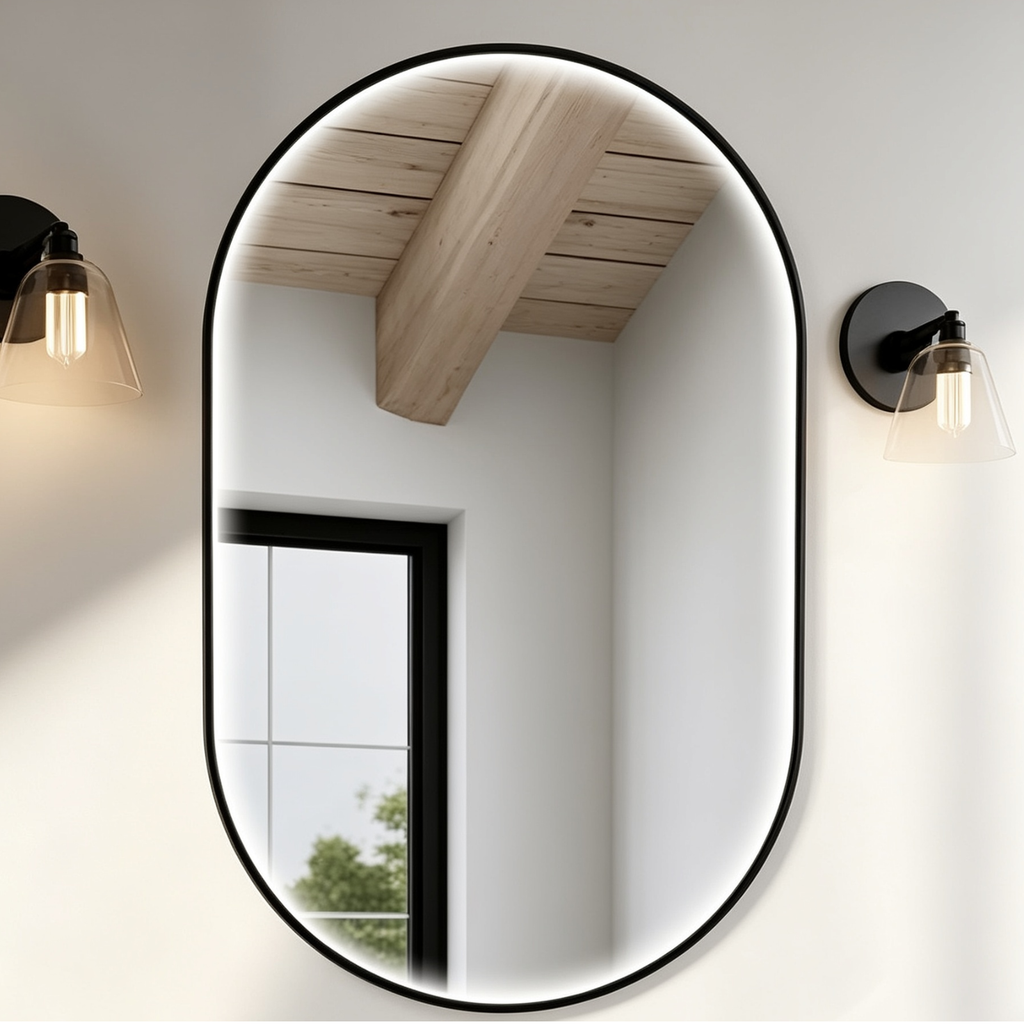 Glorex GLC PL5090A402HSLED(BK) Pill Shaped LED Bathroom Mirror 500x900mm Black Aluminium Frame Front Light