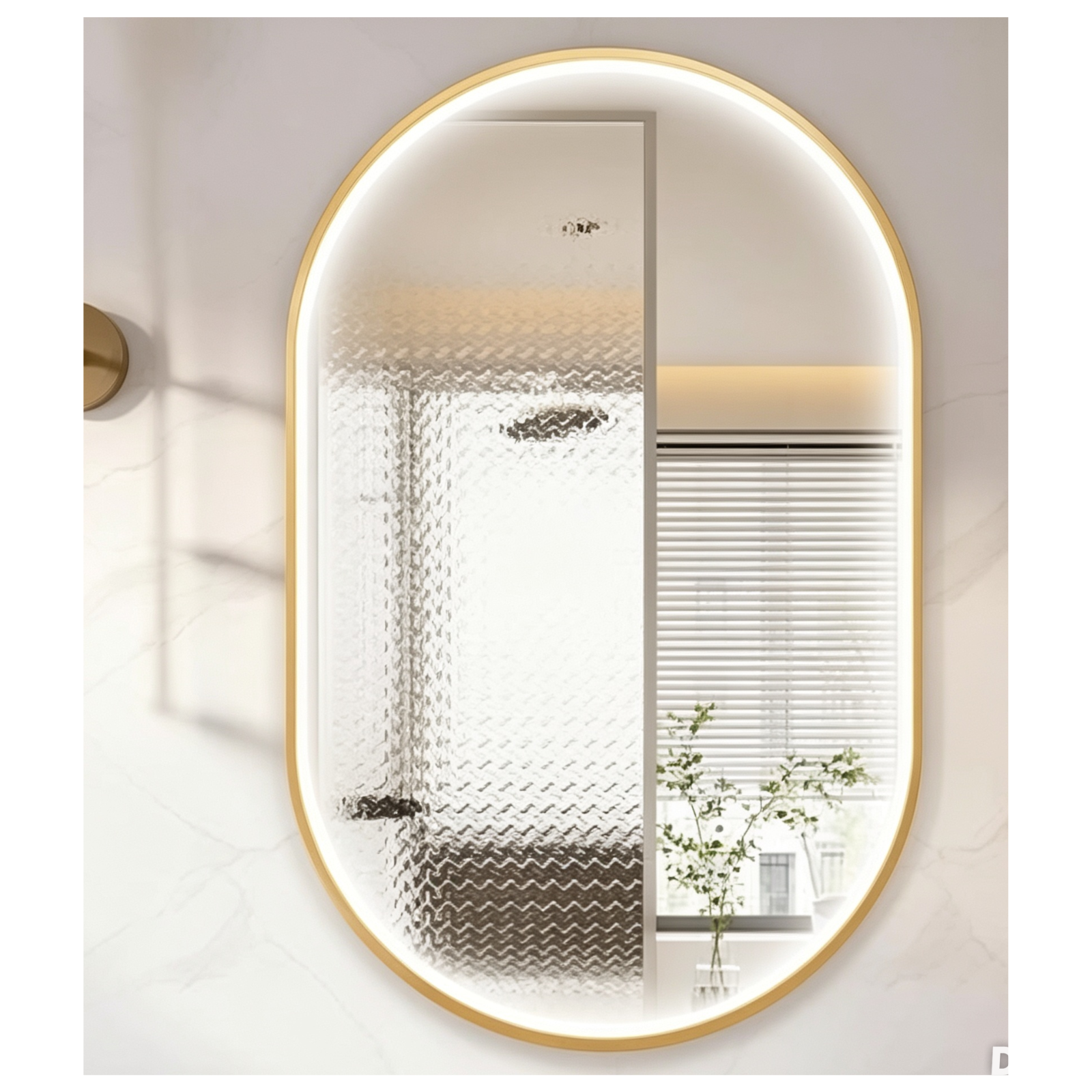 GLorex GLC PL5090A402- HSLED(GGD) Pill Shaped LED Bathroom Mirror 500 x 900mm Green Gold Aluminium Frame Front LED Light