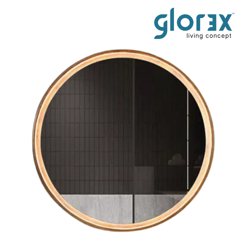 Glorex GLC RD70W-HSLED(WT) Round LED Mirror 700 x 50 (T) mm Walnut Rubber Wood Frame Backlit LED Light