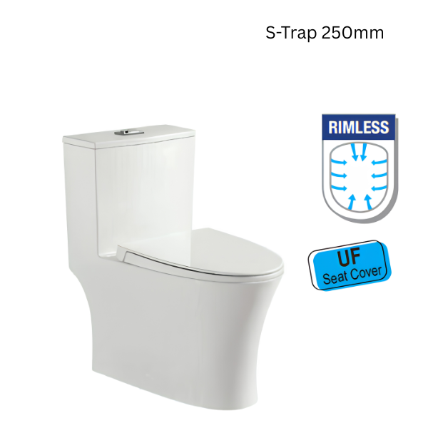 Saniware WC-2100 670mm Rimless One-Piece Washdown Toilet Bowl Sinki Tandas Bilik Mandi with UF Seat Cover S-Trap 200/250mm / P-Trap 180mm Roughing-In
