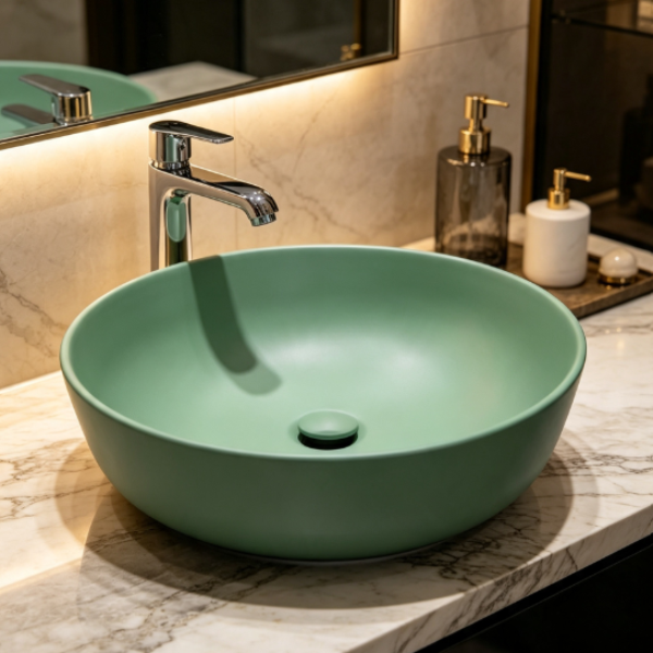 Saniware WB-2018-MAG 420mm Matt Apple Green Round Above Counter Art Basin Sinki Tandas Bilik Mandi For Modern Vanity, Feature Bathroom & Renovation Projects