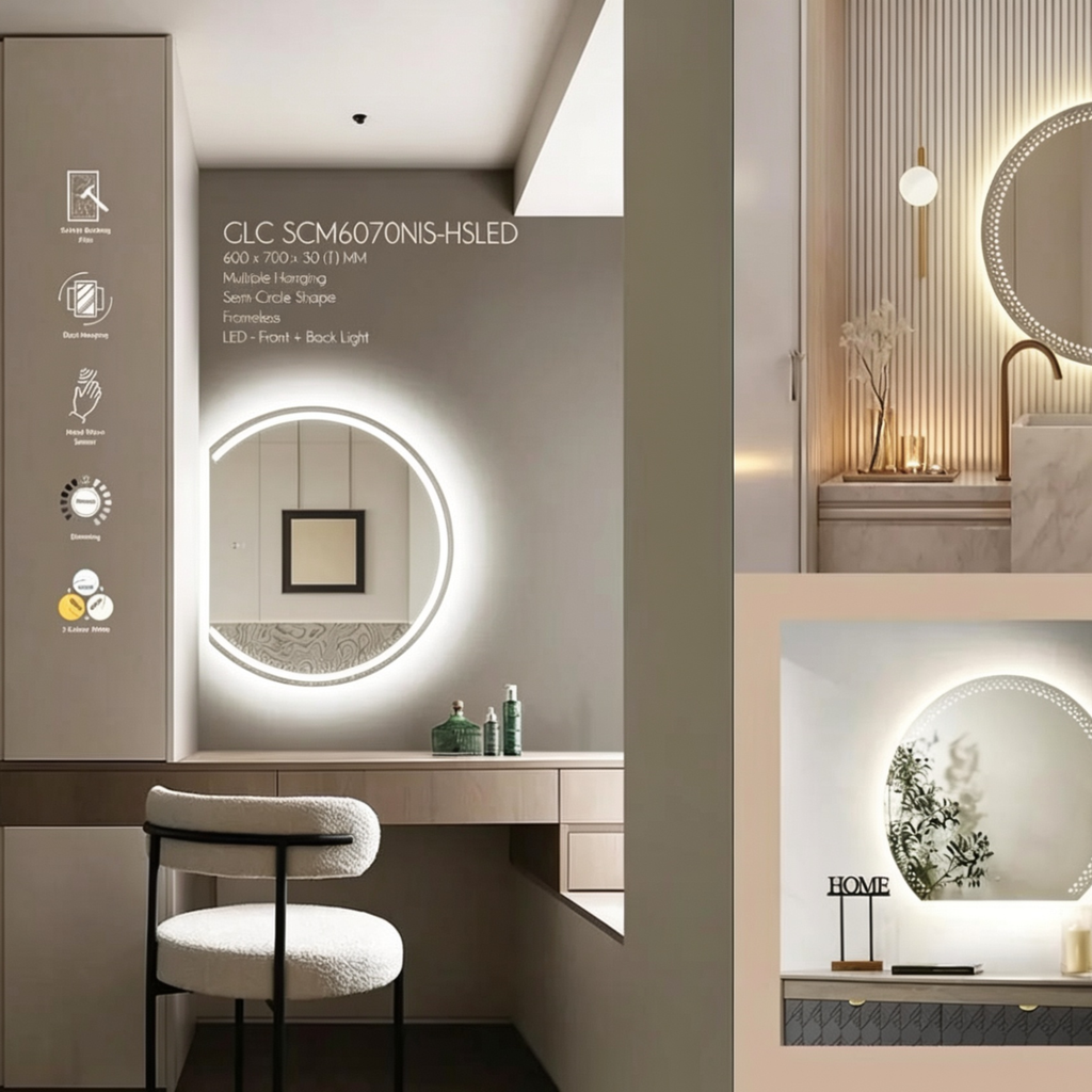 Glorex GLC SCM6070NISHSLED Semi-Circle LED Mirror 600 x 700mm Frameless Design Front + Back LED Light