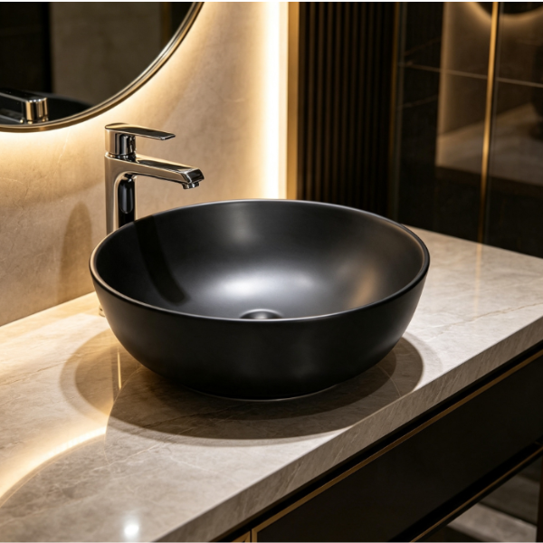 Saniware WB-2018-MB 420mm Matt Black Round Above Counter Art Basin Sinki Tandas Bilik Mandi For Modern Vanity, Luxury Bathroom & Renovation Projects
