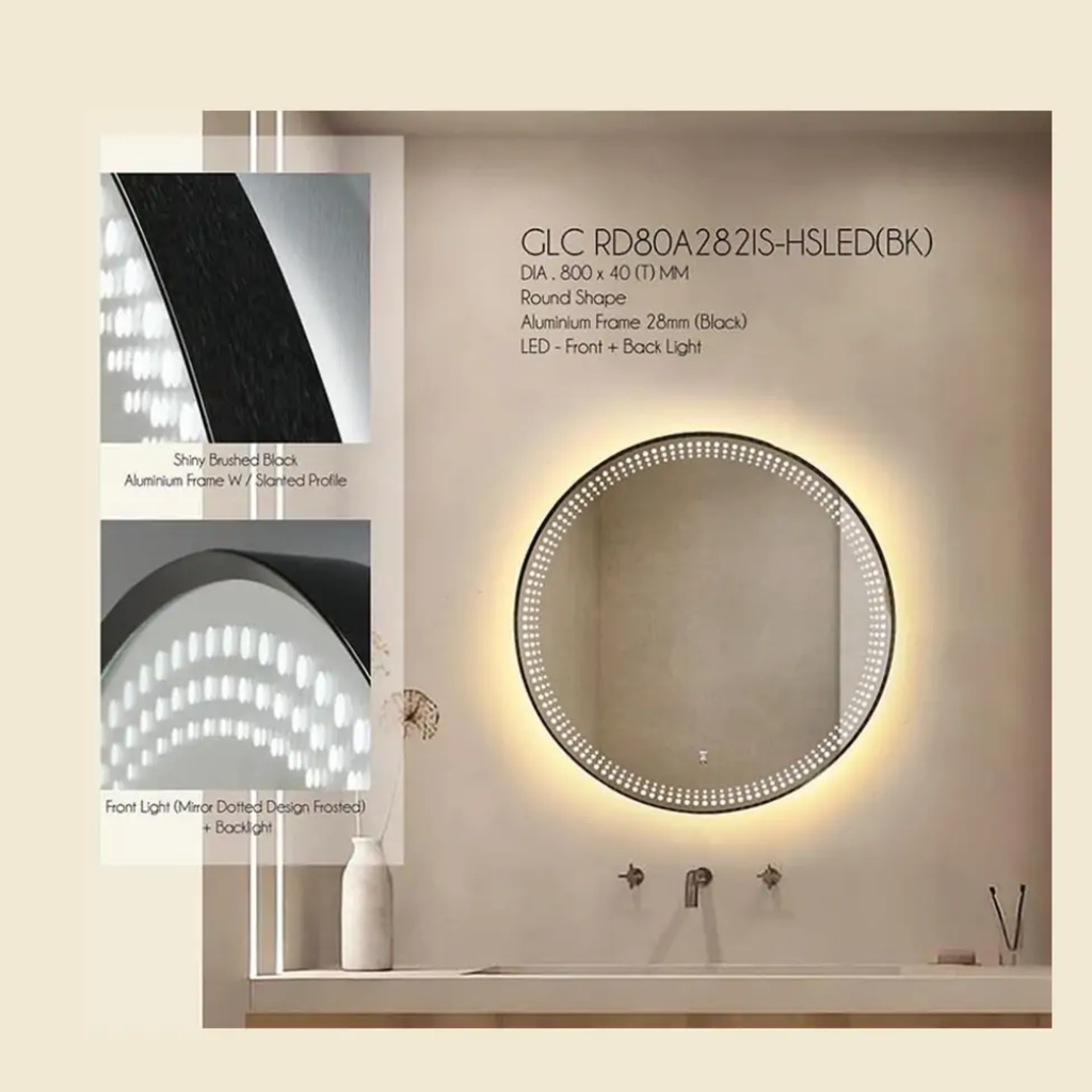 Glorex GLC RD80A282ISHSLED(BK) LED Dotted Design Round Mirror 800mm Diameter Black Aluminium Frame Slanted Profile Front + Back LED Light