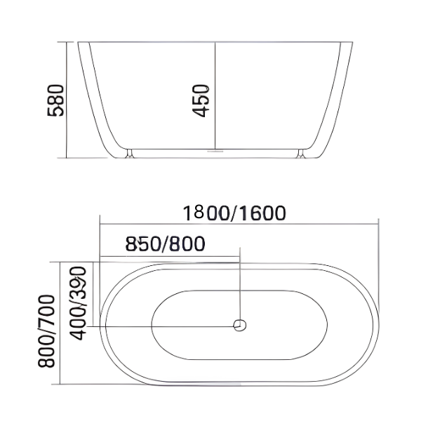 Arris Infinity ars - 3416 / ars - 3418 Vila Mora 1600mm / 1800mm White One-Piece Freestanding Oval Soaking Bathtub