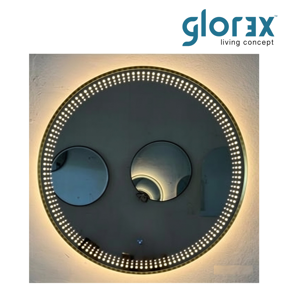 Glorex GLC RD80A282ISHSLED(GGD) Round LED Bathroom Mirror 800mm Diameter Green Gold Aluminium Frame Front + Back LED Light
