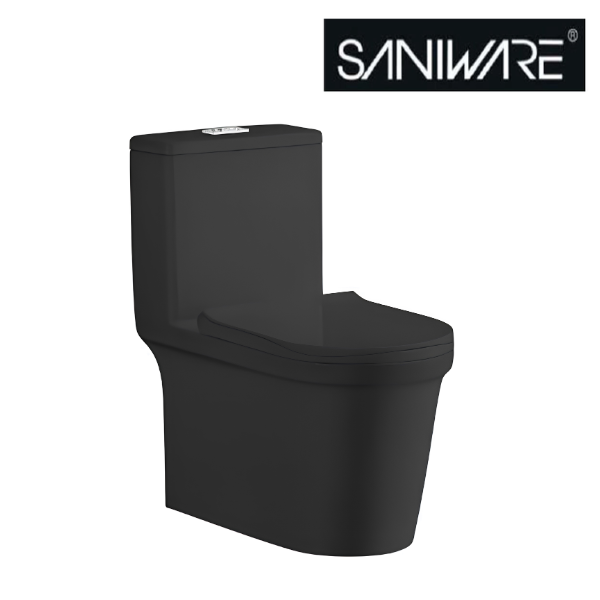 Saniware WC-2090-Black 710mm Ceramic Matte Black One-Piece Washdown Toilet Sinki Tandas Bilik Mandi S-Trap 200mm 250mm Roughing-In For Bathroom Renovation & Modern Homes