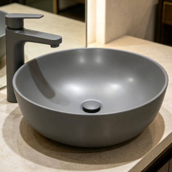 Saniware WB-2018-MLG 420mm Matt Light Grey Round Above Counter Art Basin Sinki Tandas Bilik Mandi For Modern Vanity, Minimalist Bathroom & Renovation Projects