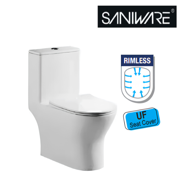 Saniware WC-9393 670mm Rimless One-Piece Washdown Toilet Bowl Sinki Tandas Bilik Mandi with UF Seat Cover S-Trap 250mm Roughing-In