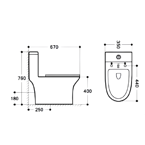 Saniware WC-9393 670mm Rimless One-Piece Washdown Toilet Bowl Sinki Tandas Bilik Mandi with UF Seat Cover S-Trap 250mm Roughing-In