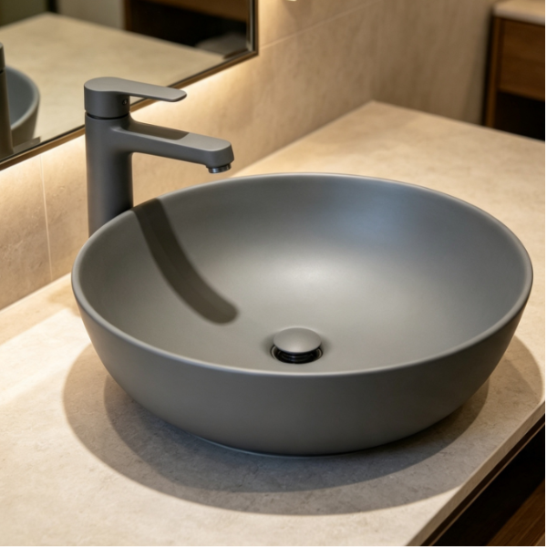 Saniware WB-2018-MG 420mm Matt Grey Round Above Counter Art Basin Sinki Tandas Bilik Mandi For Modern Vanity, Contemporary Bathroom & Renovation Projects