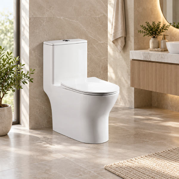 Saniware WC-9393 670mm Rimless One-Piece Washdown Toilet Bowl Sinki Tandas Bilik Mandi with UF Seat Cover S-Trap 250mm Roughing-In
