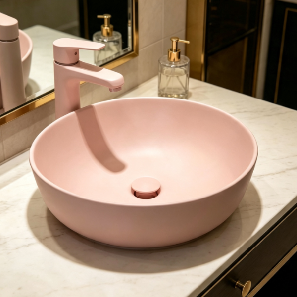 Saniware WB-2018-MP 420mm Matt Pink Round Above Counter Art Basin Sinki Tandas Bilik Mandi For Modern Vanity, Soft-Style Bathroom & Renovation Projects