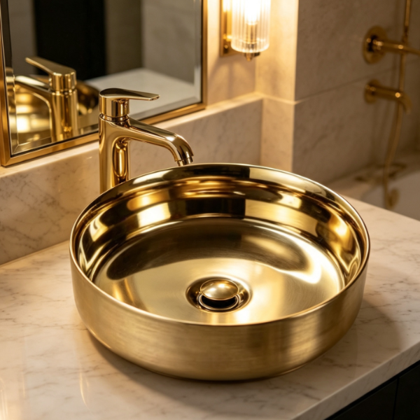 Saniware WB-2015-G 360mm Gold Round Above Counter Art Basin Sinki Tandas Bilik Mandi For Luxury Vanity, Elegant Bathroom & Renovation Projects