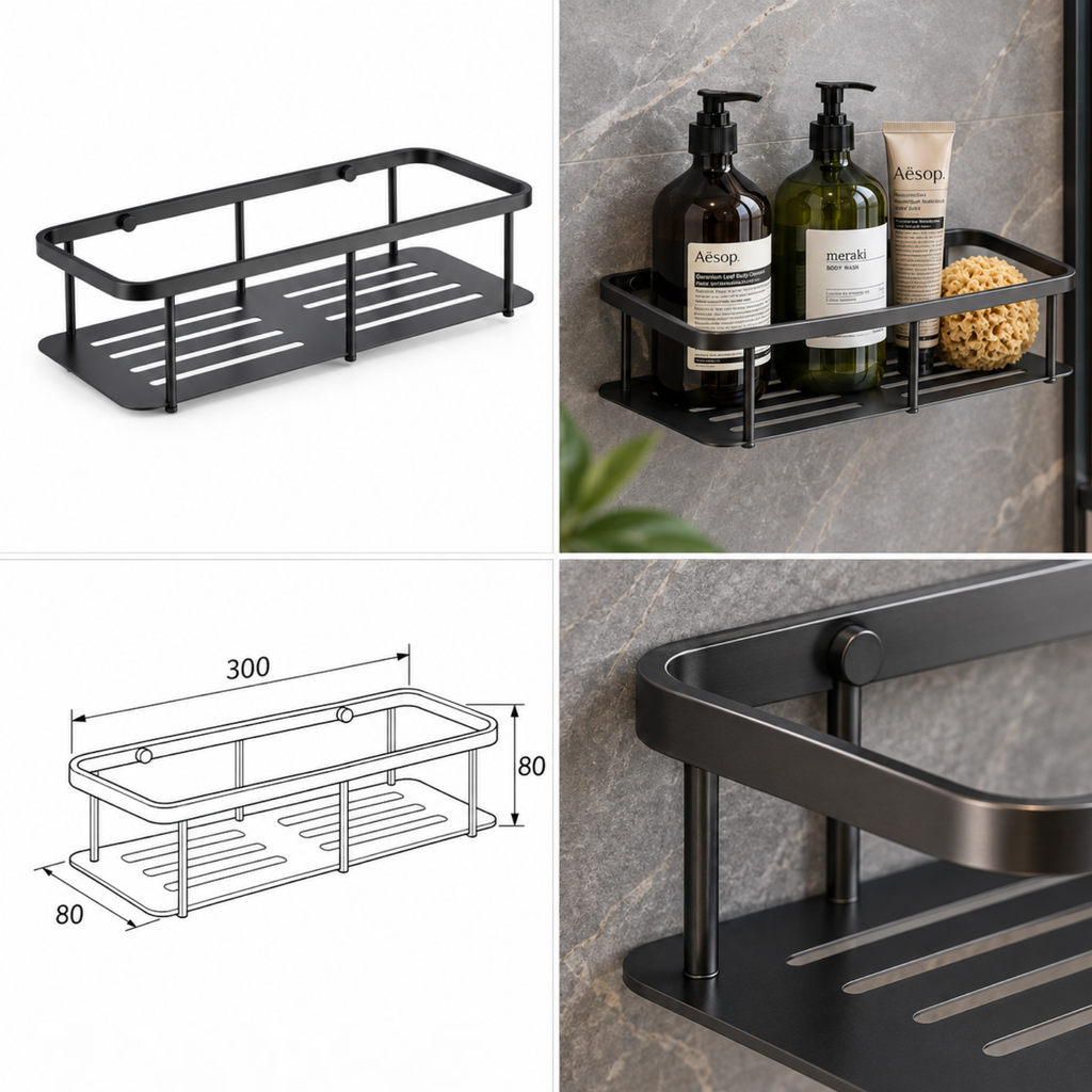 Onimi 6641-MG 300mm Straight Flat Bathroom Basket – SUS304 Stainless Steel Metal Gun Finish Wall Mounted Shower Storage Rack