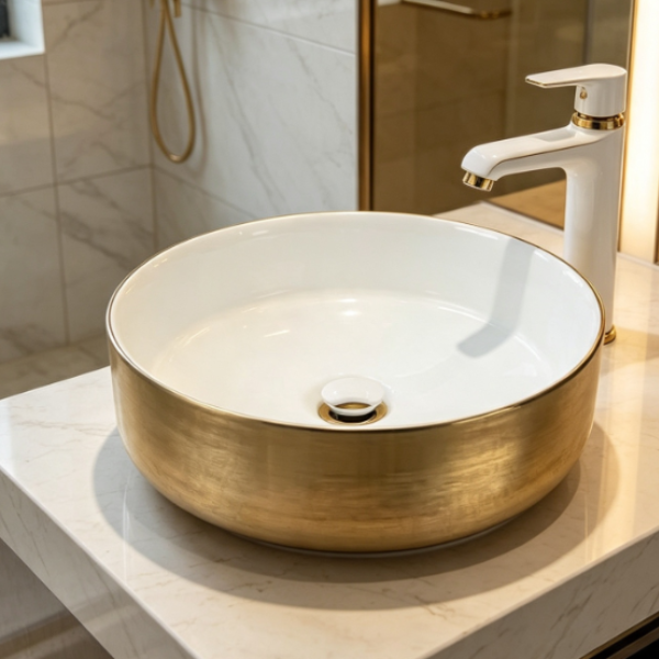 Saniware WB-2016-G 360mm Gold Rim with White Inner Round Above Counter Art Basin Sinki Tandas Bilik Mandi For Elegant Luxury Vanity & Renovation Projects