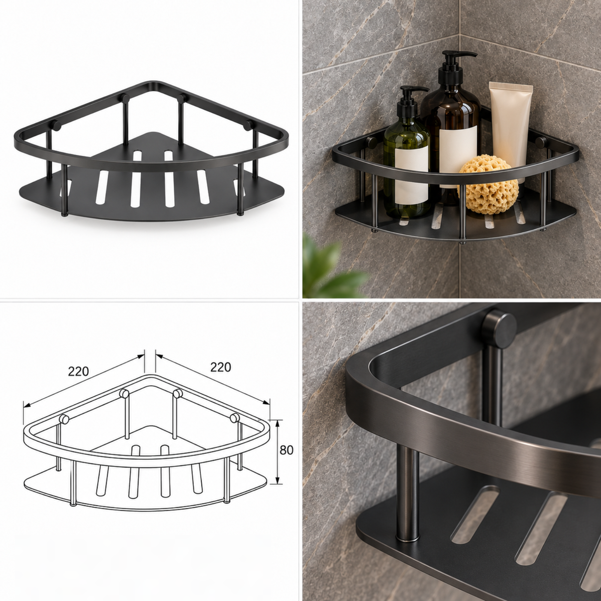 Onimi 3321-MG 220mm Corner Flat Bathroom Basket – SUS304 Stainless Steel Metal Gun Finish Wall Mounted Shower Storage Rack