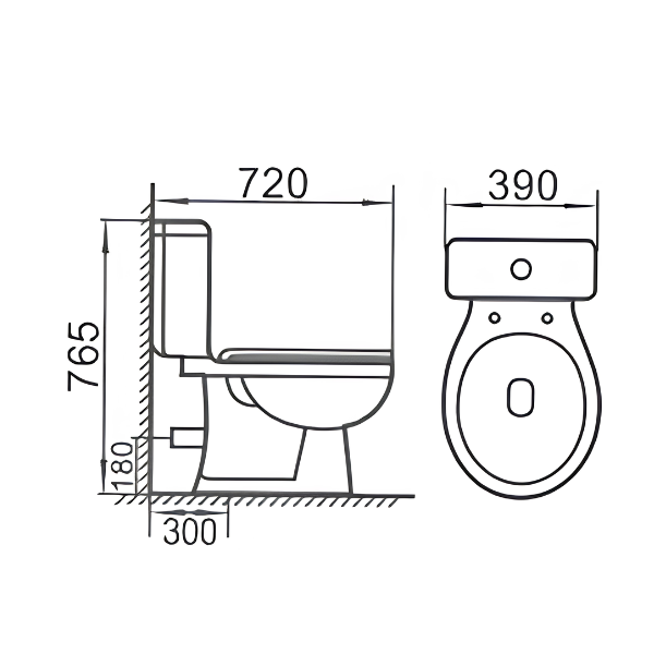 Saniware WC-2122A 720mm Ceramic Two-Piece Washdown Toilet Bowl Sinki Tandas Bilik Mandi S-Trap 250mm / 300mm & P-Trap 180mm Roughing-In