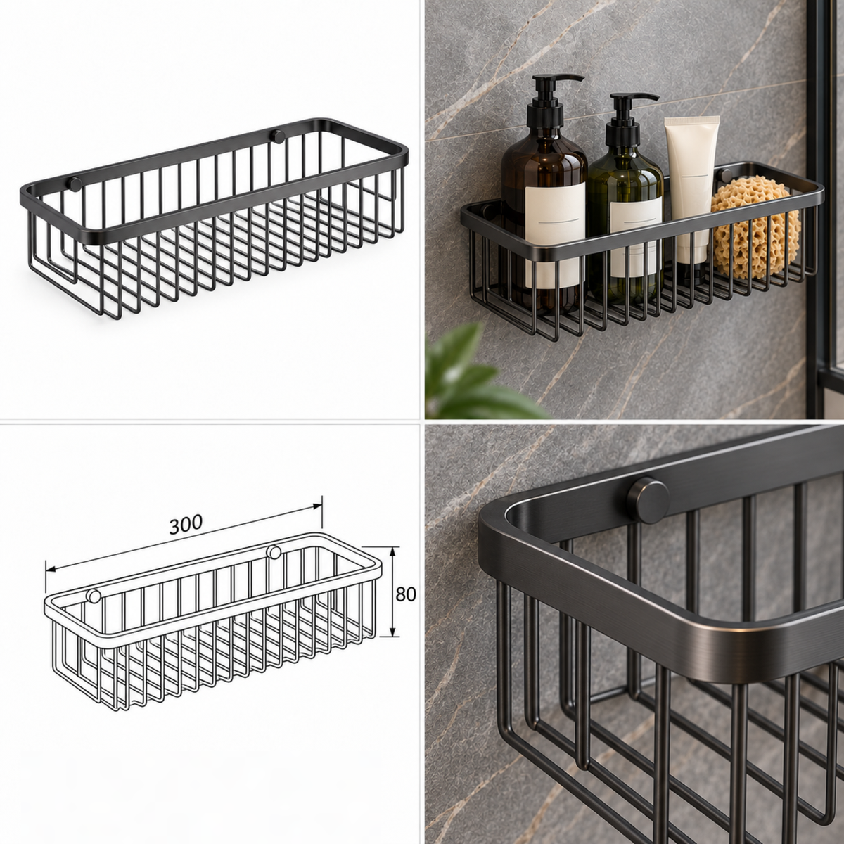 Onimi OM231312-MG 300mm Straight Wire Bathroom Basket – SUS304 Stainless Steel Metal Gun Finish Wall Mounted Shower Storage Rack