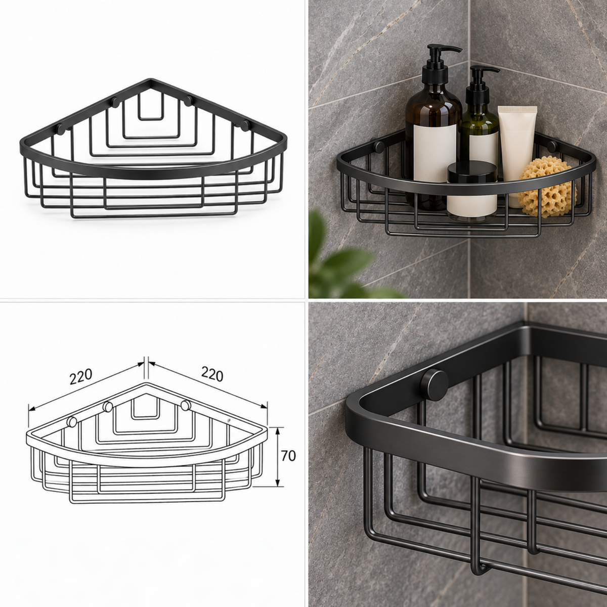Onimi OM230712A-MG 220mm Corner Wire Bathroom Basket – SUS304 Stainless Steel Metal Gun Finish Wall Mounted Shower Storage Rack